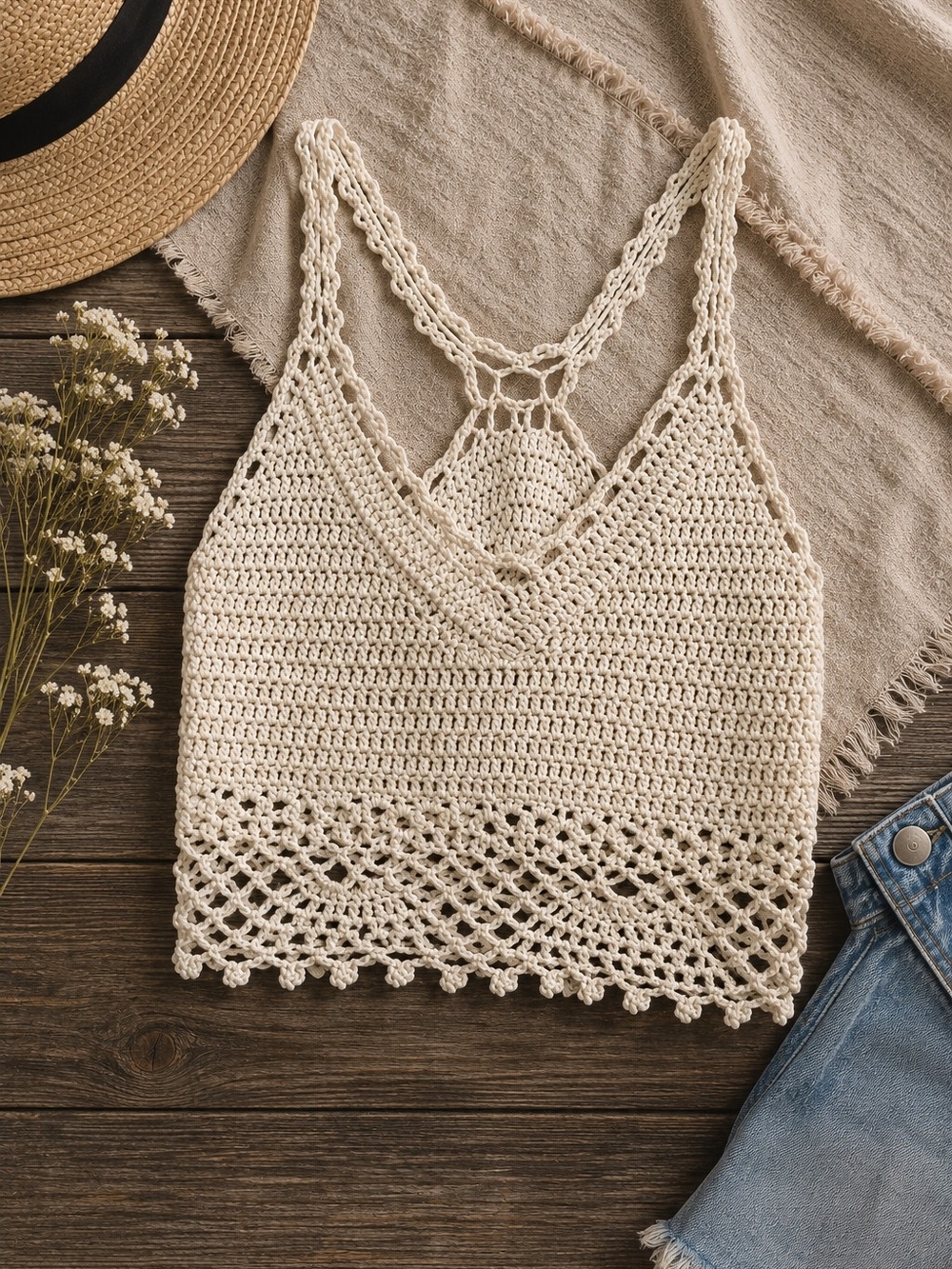 Boho Cream Crochet Tank Top Handmade Look Open Knit Festival Cami